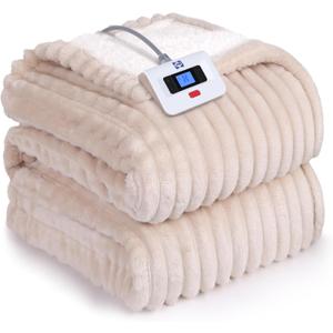 SEALY Electric Blanket Full Size, Soft Ribbed Flannel to Sherpa Reversible Heated Blanket with 10 Heat Settings & 1-12 Hours Auto-Off Overheat Protection, Machine Washable, 72"x84" Beige