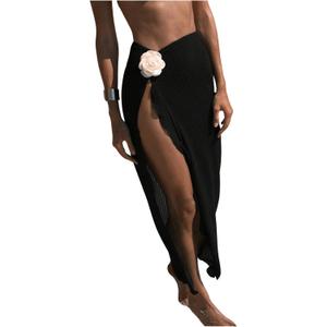 Women's Beach Cover Up Skirt 3D Flower Crochet Out High Split Swimsuit Bathing Suit Beach Skirt (Medium, Black)