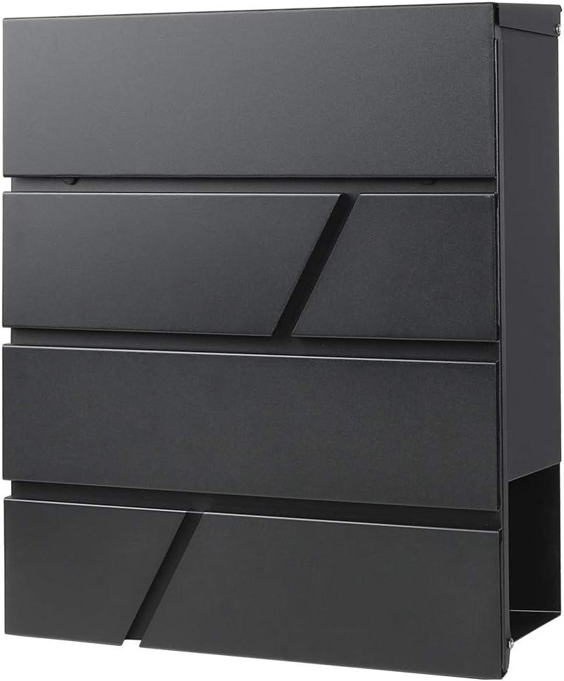 Decaller Metal Wall Mounted Mailboxes with Key Lock, Large Mail Box with Newspaper Compartment, Black, 13" x 14 2/5" x 4 1/5"