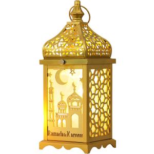 DECORKEY Ramadan Decorations for Home, 14'' Decorative Candle Lantern for Tabletop Mantel Decor, Vintage Metal Lantern Candle Holders for Indoor Outdoor Decor, EID Mubarak Gift (1 Pc Gold)