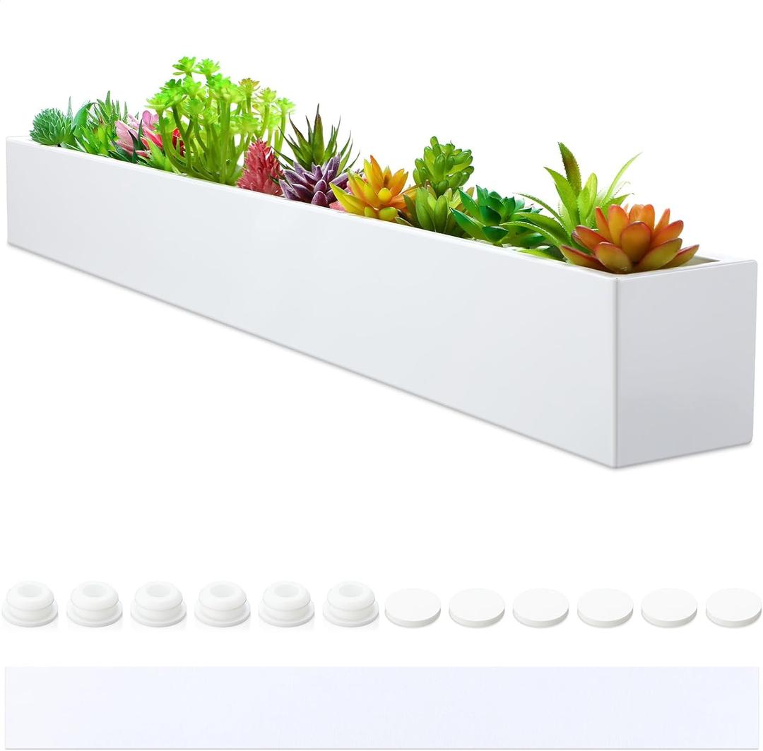 FillTouch 16.1 x 3.2 x 3.5 Inch Long Rectangular Planter Box Window Sill Plant Box Metal Water Trough Indoor Large Modern Steel with Drainage Holes Herb Garden Home(White)