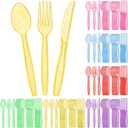 Lasnten 180 Pieces Glitter Plastic Silverware Set Disposable Clear Plastic Cutlery Flatware for Party 60 Knives 60 Spoons 60 Fork for Party Birthday Dinnerware Supplies(Multicolor)