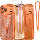 Meifigno Designed for iPhone 17 Pro Case 6.3", [Glitter Card & Wrist Strap] [Compatible with MagSafe] [2X HD Screen Protectors] Surround Raised Lens Protection for 17 Pro Case for Women, Cosmic Orange
