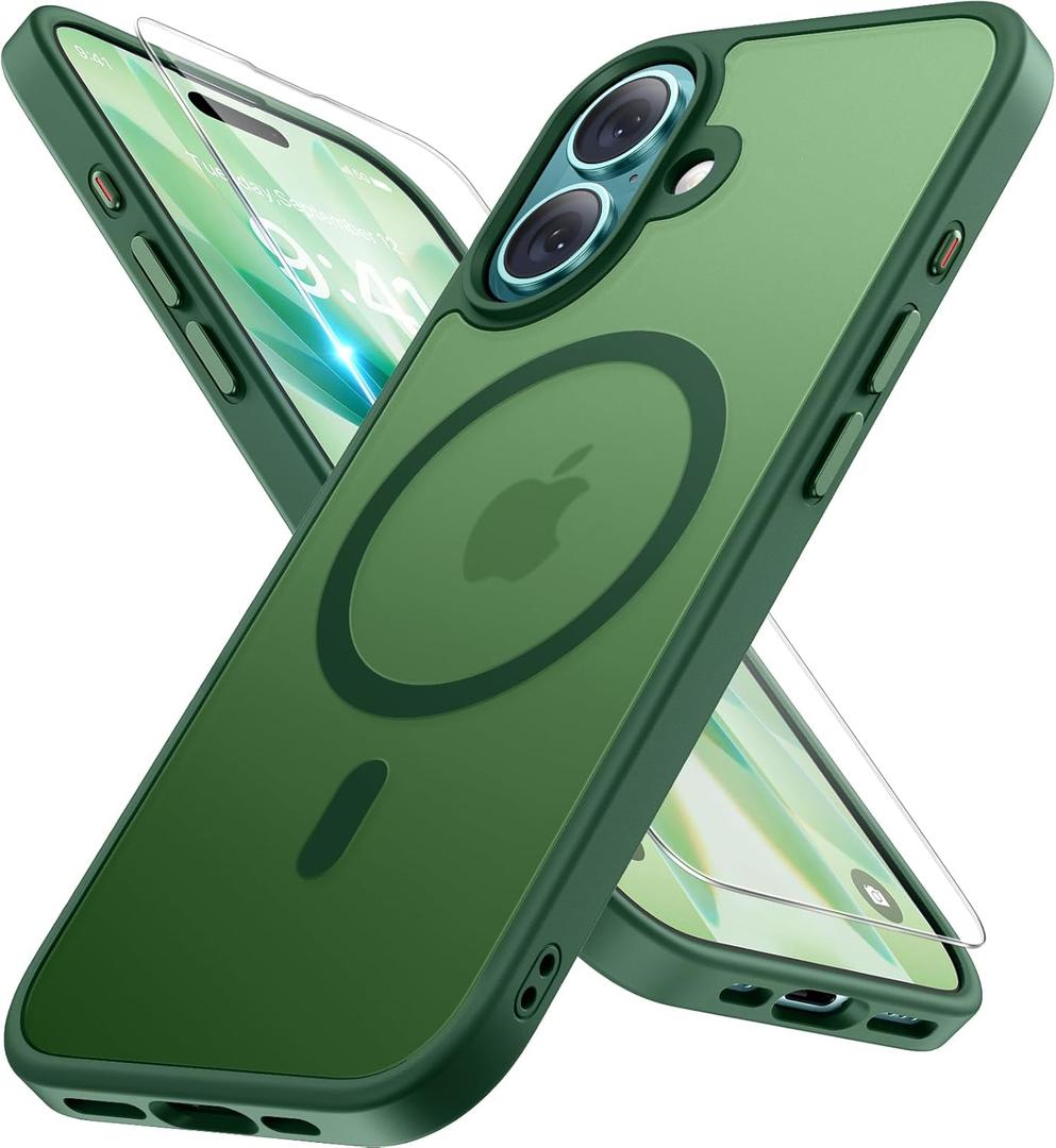 Miracase Magnetic for iPhone 17 Case (Compatible with MagSafe) with Screen Protector Military-Grade Protection, Anti-Fingerprint Translucent Matte Phone Cover for iPhone 17 6.3 inch, Dark Green