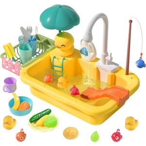 CUTE STONE Play Sink with Running Water, Kitchen Sink Toys with Play Food and Kitchen Utensils, Pool Floating Toys for Fishing Game, Children Role Play Electric Dishwasher Toy Gift for Boys Girls (Yellow)