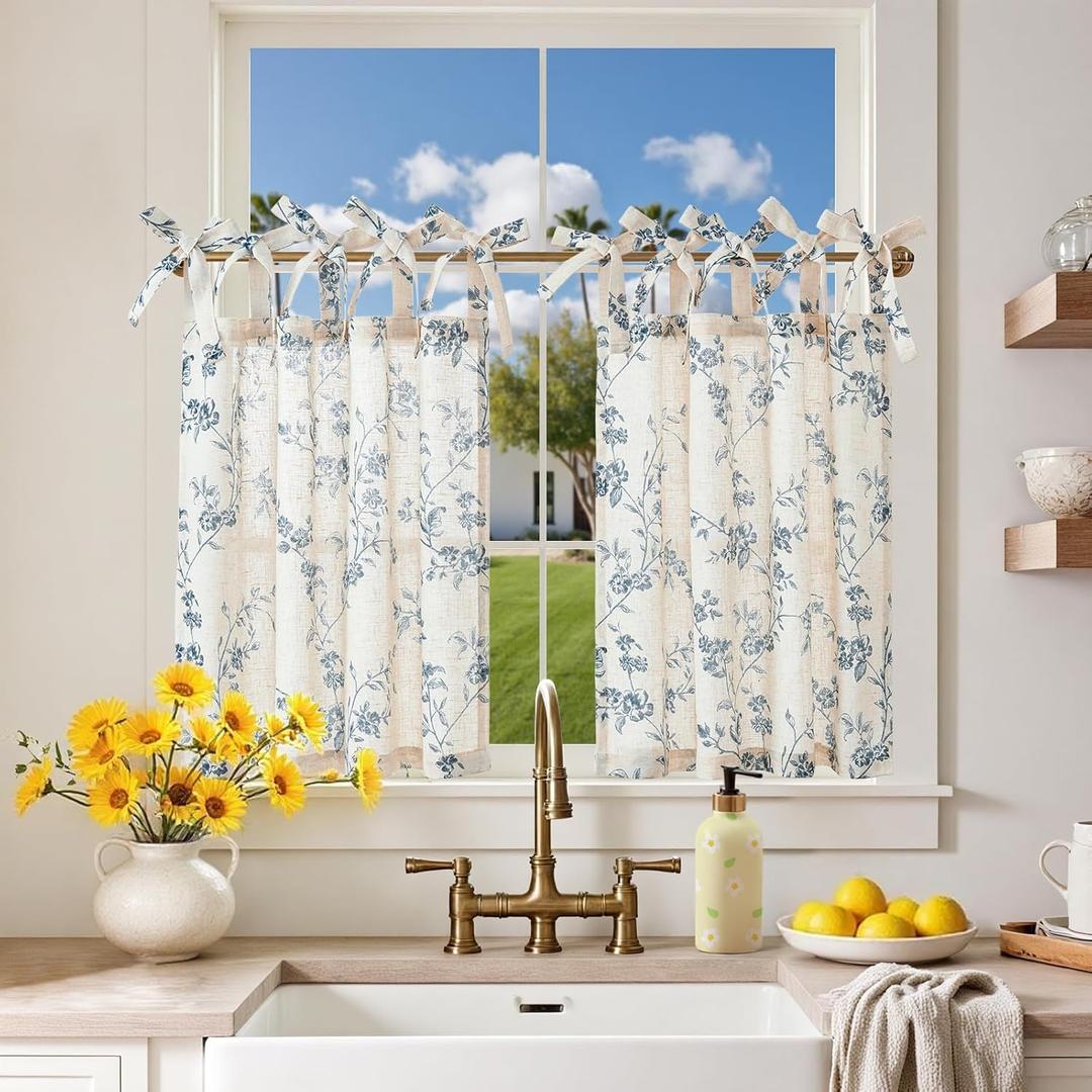 jinchan Floral Kitchen Curtains 24 Inch Linen Tier Curtains Farmhouse Cafe Half Window Drapes Over Sink Light Filtering Blue on Beige for Living Room Laundry Tie Top 2 Panels