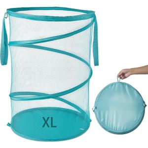 Seiritex Mesh Popup Laundry Hamper 115L Collapsible Laundry Basket No Lid Extra Large Capacity Foldable Clothing Storage Basket with Handles 26 H x 18 W x 18 L (Turquoise Blue)