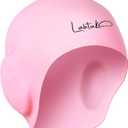 3D Swim Caps - Ear Protection Swimming Cap for Women & Men - Silicone, Waterproof - Fits Long & Short Hair - Adult & Youth (Pink)
