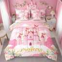 Girls Princess Comforter Set 7 Pieces Reversible,Cartoon Castle Pink Bed Set,Dreamy Fairy Tale Bedding Soft Microfiber Queen (1 Comforter,2 Pillowcase,2 Pillow Covers,1 Flat Sheet,1 Fitted Sheet)