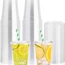 [100 Pack] 12 oz Clear Plastic Cups with Flat Slotted Lids, Disposable Drinking Party Cups for Iced Cold Drinks Coffee Tea Smoothie Bubble Boba