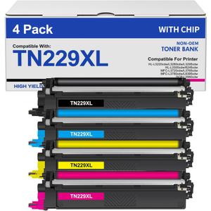 TN229XL TN229 Toner Cartridges 4 Pack MFC-L3780CDW MFC-L3720CDW Compatible for Brother HL-L3280CDW HL-L3220CDW HL-L3300CDW HL-L3295CDW Printer TN 229XL TN-229XL TN229/XL/V BK/C/M/Y High Yield