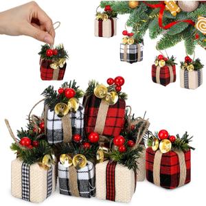 12 Pcs Christmas Tree Mini Gift Boxes Christmas Tree Ornaments Present Decoration Christmas Ornaments Pendant Decoration with Bells Christmas Berries for Indoor Outdoor Xmas Tree Party (Plaid)