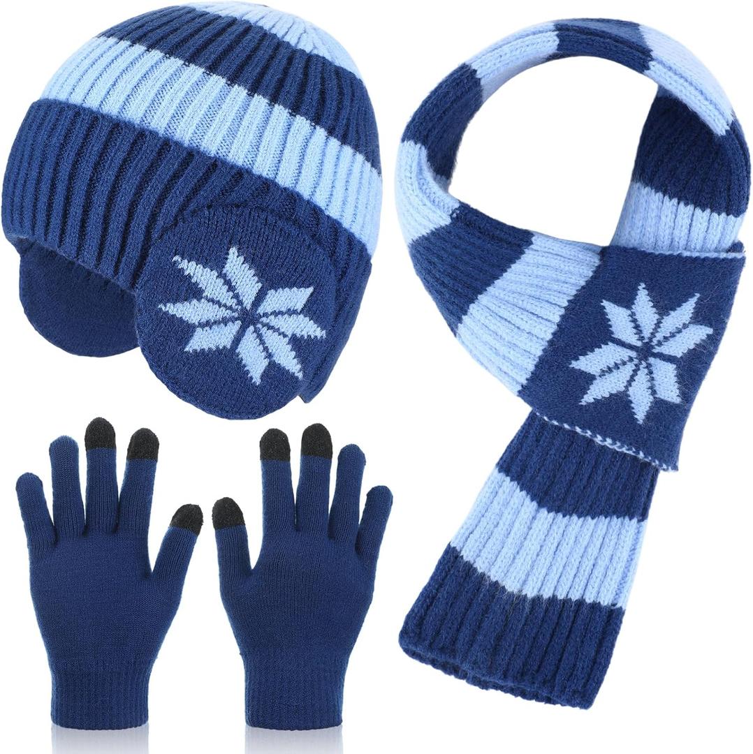 Chicingyou 3 Pcs Kids Hat Gloves Scarf Set Winter Knitted Beanie with Earmuffs Double Layer Scarf for Boy Girl 8-12 Years Old (Blue)