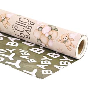 Dtiafu Reversible Baby Shower Wrapping Paper Roll Baby Gift Wrap with Green Brown Bear Balloons and Baby Words Pattern for Girls Boys Wedding Neutral Baby Shower Birthday Party - Total 28.5sq.ft, 6 sheet