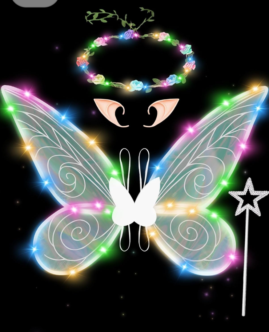 Fairy Wings for Adults Women Light UP Butterfly Costume with Elf Ears for Girls Halloween LED Dress Up Cosplay Angel Wings Party Favor White 2 Pack