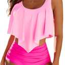 Edelqual Tankini Swimsuits for Women High Waisted Bikini Sets Plus Size Two Piece Bathing Suits Tummy Control Swimwear (Medium, Rose Red Patchwork)