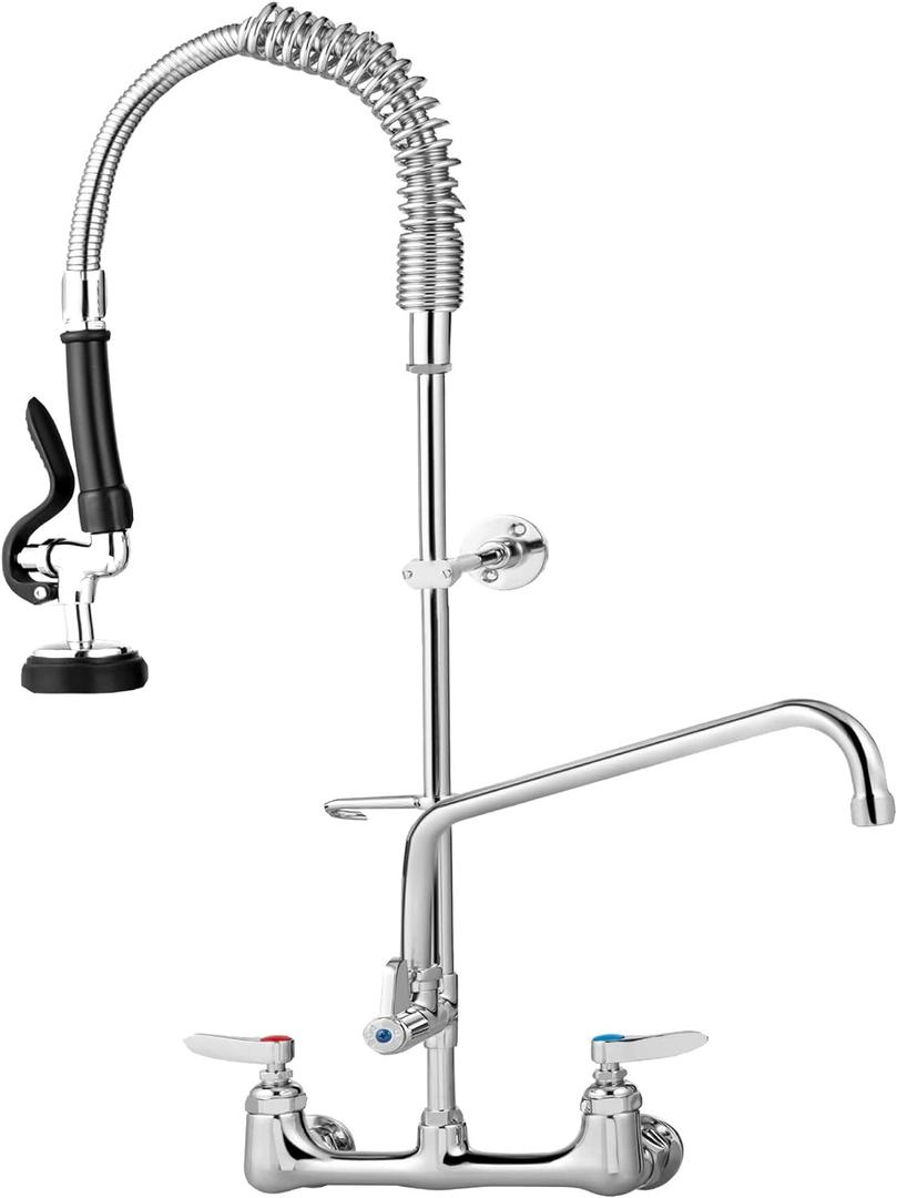 VEVOR Commercial Faucet with Pre-Rinse Sprayer, 8" Adjustable Center Wall Mount Kitchen Faucet with 12" Swivel Spout, 25" Height Compartment Sink Faucet for Industrial Restaurant, Lead-Free Brass