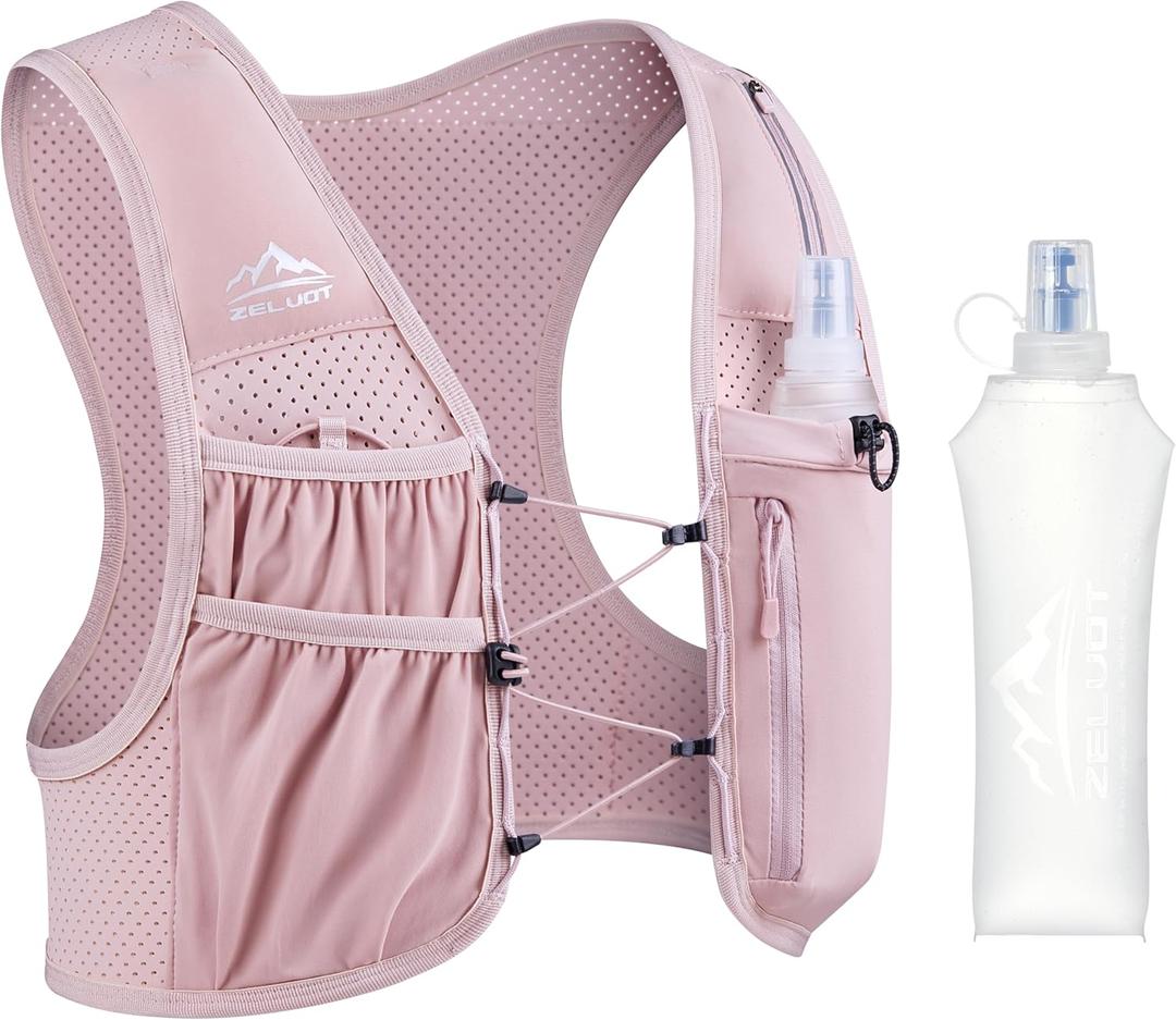 Zelvot Running Vest for Women Men, USA Original Patent, Adjustable Chest Straps Running Hydration Vest with 500ml Soft Flask, Lightweight Reflective Hydration Backpack for Marathon (X-Small-Small, Pink)