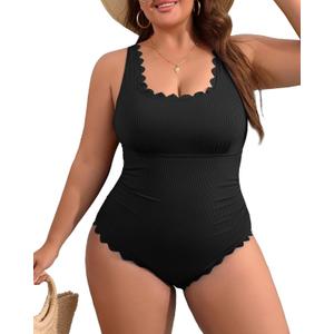 Charmo Plus Size Swimsuit for Women 2025 Tummy Control Scalloped Ribbed One Piece Swimsuits Ruched Modest Bathing Suit (1X, Black)