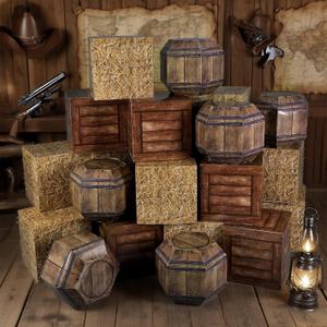 24 Pcs Western Cowboy Party Decorations 11.8 Inches Summer Halloween Hay Bales Boxes Decor Include Wood Grain Barrel Boxes Hay Decoration for Pirate Farmhouse Western Themed Party