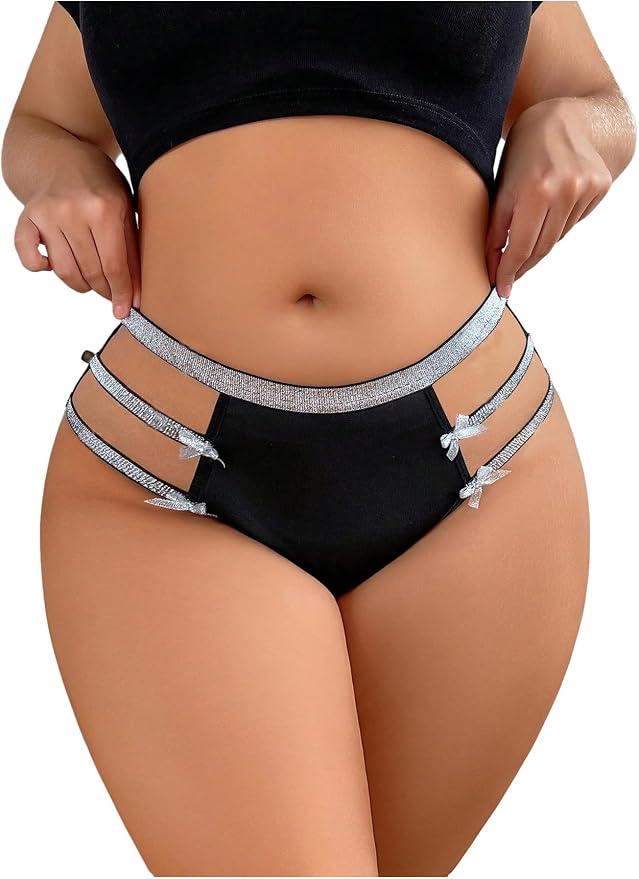 MakeMeChic Women's Plus Size Sparkly Briefs Bow Cut Out Low Waist Underwear Panty Black X-Large Plus