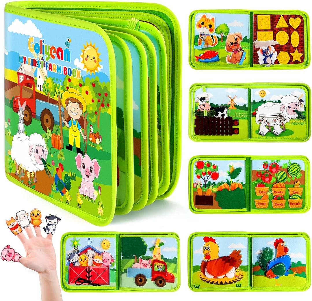 GOLIYEAN Busy Book for Toddlers 1-3, Montessori Toys for 1 Year Old Boy Girl Birthday Gifts, Busy Board Educational Toys for 1 Year Old Boys, Farm Animals Activity Books Airplane Car Travel Toy (Green)