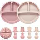 Silicone Feeding Set, 2 Pack Divided Toddler Plates with Suction, 2 Pack Utensils - Spoons & Forks, BPA Free, Baby Led Weaning Supplies