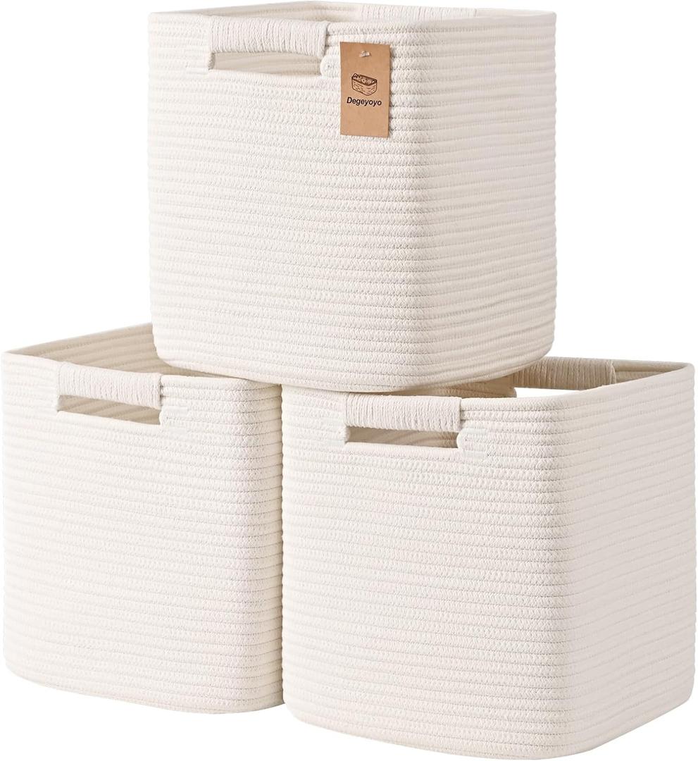 11 Inch Storage Cubes, 3 Pack Cube Storage Bins for Organizing, Cotton Rope Woven Baskets for Shelves, Bathroom, Kids Room, Closets, Baby Nursery