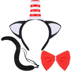 Aprince 3PCS Cat Hat in Red White Ear Headband with Bow Tie and Tail Costume Accessories Cosplay Party Decorations for Adults