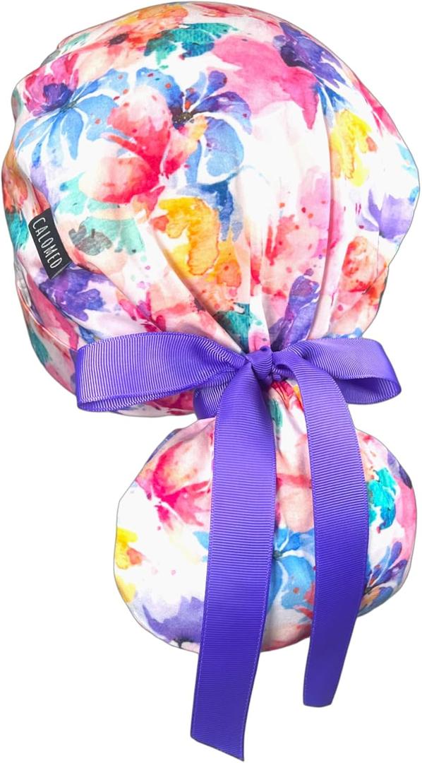 Scrub Cap for Women and Men, Ponytail Scrub Caps, Working Hat, Head Cover with Ribbon Ties and Buttons, Long Hair
