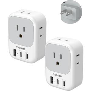 TESSAN US to Japan Plug Adapter 2 Pack,2 Prong to 3 Prong Outlet Adapter with 4 Outlets and 3 USB (2 USB-C), Power Adaptor US to Japan China Mexico Philippines Canada Peru Thailand Vietnam (Grey-white-Type A)