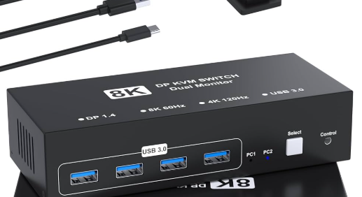 8K@60Hz HDMI Displayport KVM Switch 2 Monitors 2 Computers, 4K@120Hz USB3.0 Dual Monitor HDMI KVM Switches Display Port for 2 Computers Share 2 Screens and 4 USB Devices for Keyboard Mouse Printer