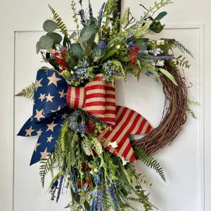 Suncalla Patriotic Wreath for Front Door Red White Blue Flowers Outdoor 250th Anniversary 4th of July American Flag Bow Wreath for Memorial Day Independence Day Inside Outside Home Decor