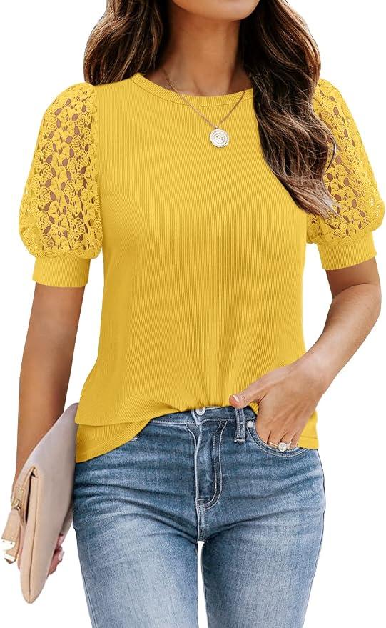 DOROSE Women's Puff Sleeve Tops Lace Casual Loose Summer Blouses T Shirt 2XL