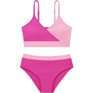 Girl's 2 Piece Swimsuit Solid Spaghetti Strap Bikini Sets Beach Bathing Suit Swimwear for Teen Girls (9-10 Years, Rose Red+pink)