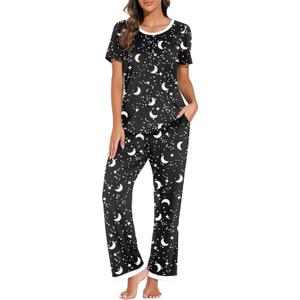 PrinStory Womens Pajamas Sets 2 Piece Lounge Set Short Sleeve Tops and Long Pants Soft Pjs Loungewear with Pockets, Night Print, Black, Size L
