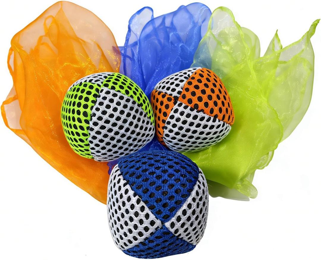 Juggling Balls and Scarves for Beginners, Non-Slip Mesh Juggling Set with Multiple Colors, Ideal for Hand-Eye Coordination Training & Multi-Scene Entertainment (Orange Blue Green)