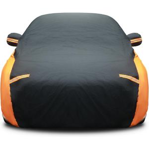 Riakrum Full Car Cover Waterproof All Weather for Automobiles Windproof Cover Rain UV Protection Sun Scratch Resistant Outdoor Universal(Fit Sedan Length (194-208'') 59'' H,Black, Orange)