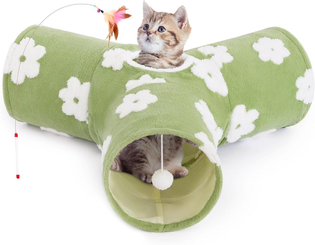 Tempcore Flannel Pet Cat Tunnel Tube Cat Toys 3 Way Collapsible, Cat Tunnels for Indoor CatsKitty Tunnel Bored Pet Toys Peek Hole Toy Ball Puppy, Kitty, Kitten, Rabbit Daisy Green