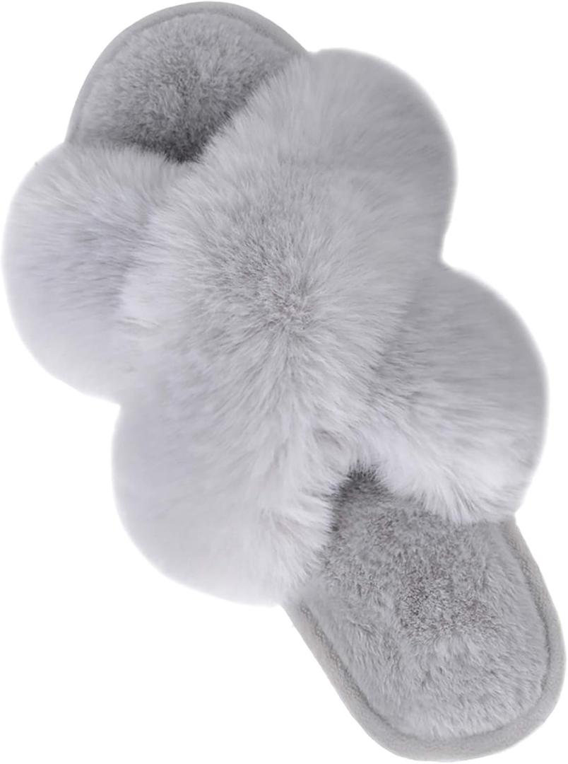 Parlovable Women's Fuzzy Slippers Comfy Cross Band House Shoes Memory Foam Open Toe Indoor Gifts for Ladies (7-8, Grey)