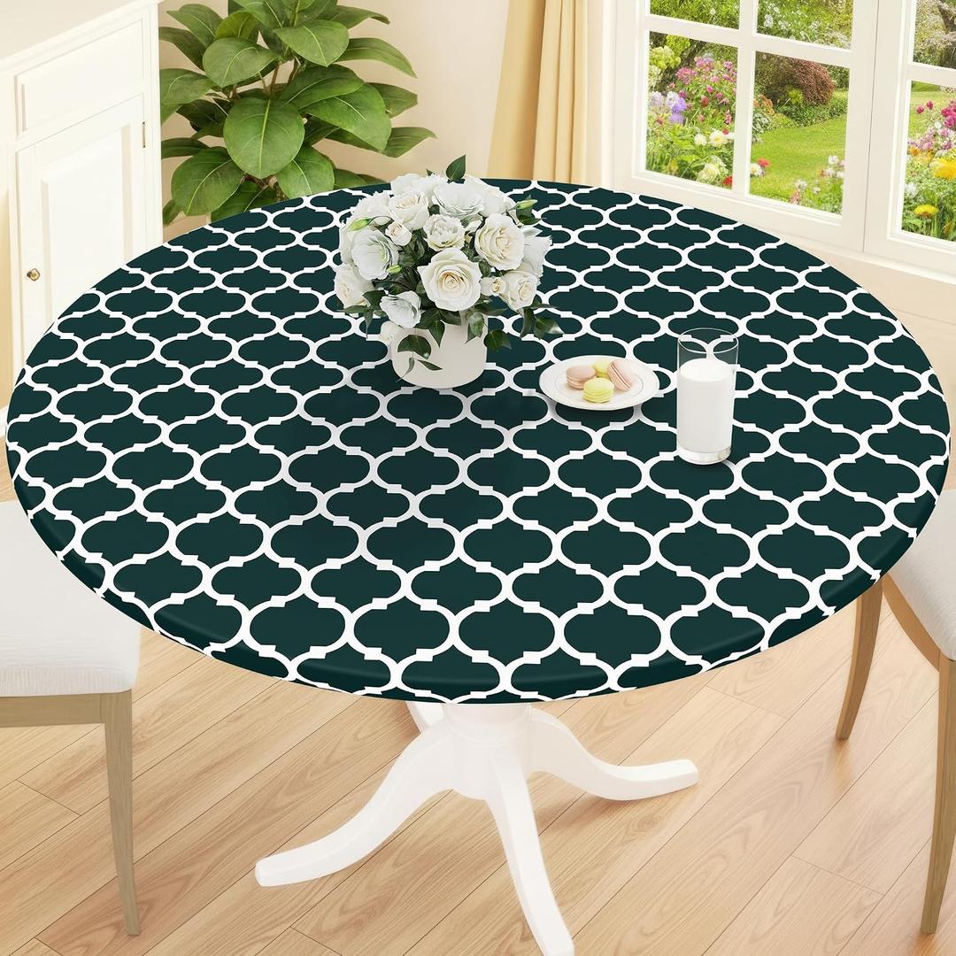 Smiry Round Picnic Tablecloth, Waterproof Elastic Fitted Table Covers for 36" - 44" Tables, Wipeable Flannel Backed Vinyl Tablecloths for Camping, Indoor, Outdoor, Hunter Green & White, For Up to 36"-44" Round