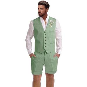 Dsteng Mens Linen Suit 2 Piece Short Suits for Men Casual Summer Beach Wedding Suit Linen Vest Shorts Set Medium (Sage Green)
