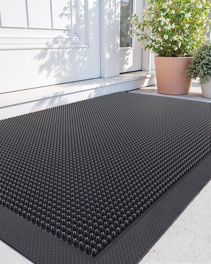 Front Door Mat Outside Entrance, 24" x 36" Heavy Duty Rubber Outdoor Mats Enlarged for Entryway, Welcome Matt Outdoor, Dirt Trapping Waterproof Exterior Entry Mats, All Weather Doormat Black