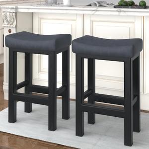 Bar Stools Set of 2, 24 Inch Counter Height Bar Stools for Kitchen Island, Faux Leather Upholstered Thick Saddle Seats & Heavy Duty Metal Base, Easy Assembly, Gray