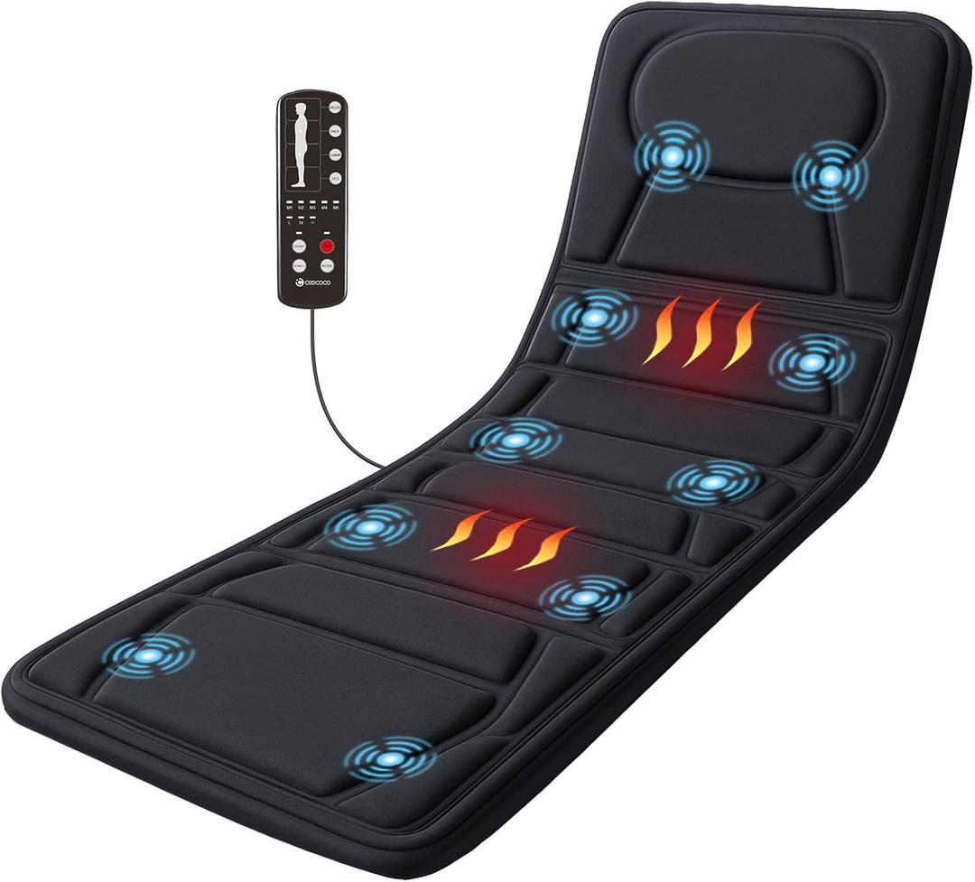 CooCoCo Full Body Massage Mat with Heat, 10 Vibrating Motors Vibration Back Massage Pad, Full Body Massager for Bed Chair Sofa, Massage Mattress Pad, Gifts for Mom Dad Men Women(Vibration Only)