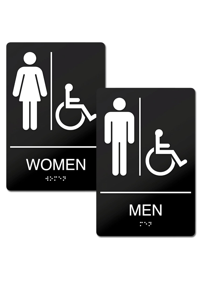 Men's + Women's Room Restroom Signs with Braille, ADA Compliant Restroom Signs, Self Adhesive ABS Plastic Restroom Sign for Business 9" x 6"