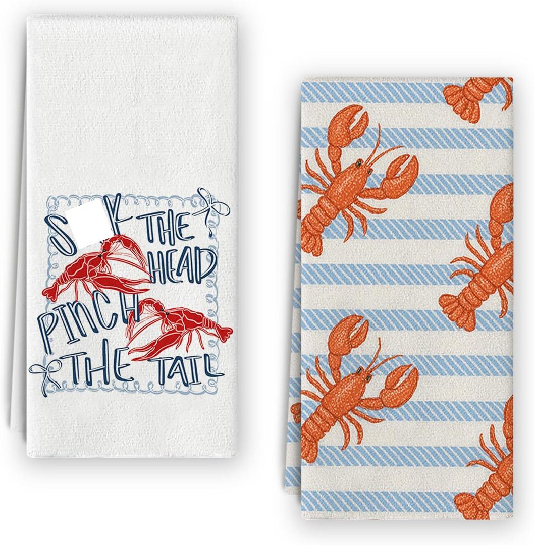 Coastal Lobster Kitchen Towels Set, Beach Ocean Crawfish Kitchen Decor, Red Lobster Gifts for Friends, Crawfish Boil Hand Towels Dish Towels for Kitchen 16x24 Inch, Set of 2