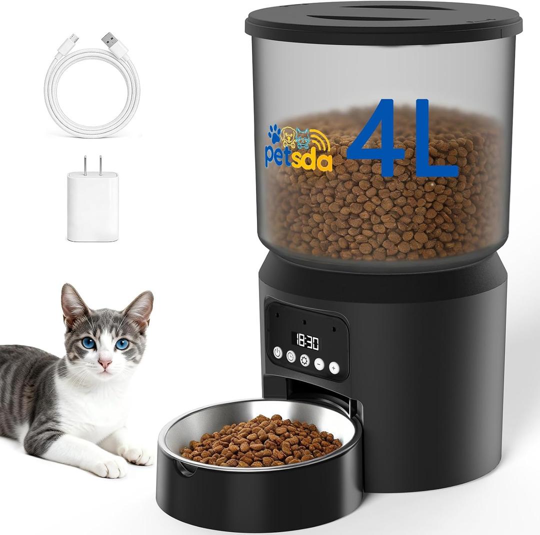 Automatic Cat Feeders, 4L Timed Cat Dry Food Dispenser Auto Pet Feeder for Cats and Small Dogs Dual Power Supply 9 Meals Programmable 1-15 Portion Per Day with Stainless Bowl Easy Clean (Black-Basic Edition)