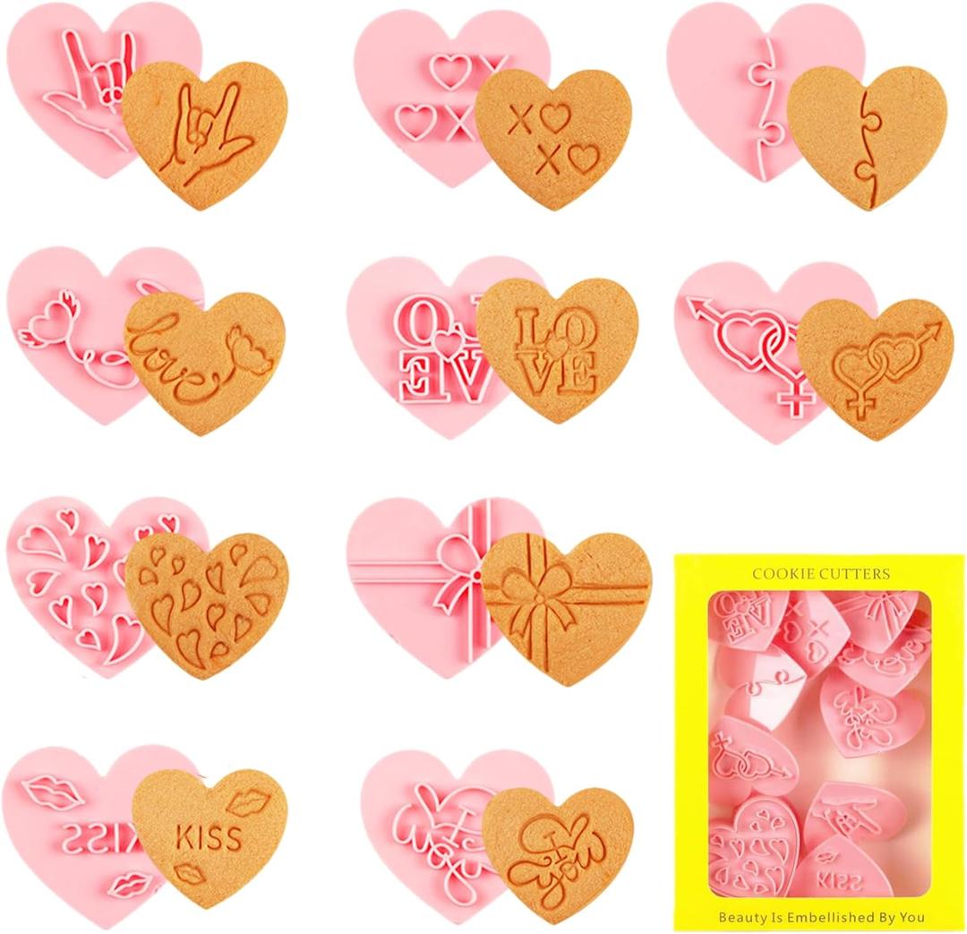 10 Pcs Heart Cookie Cutter Set, 3D Pressable Biscuit Cutter and Stamps, Valentine's Day Cookie Molds Wedding Party DIY Cake Decorating Kit (D)