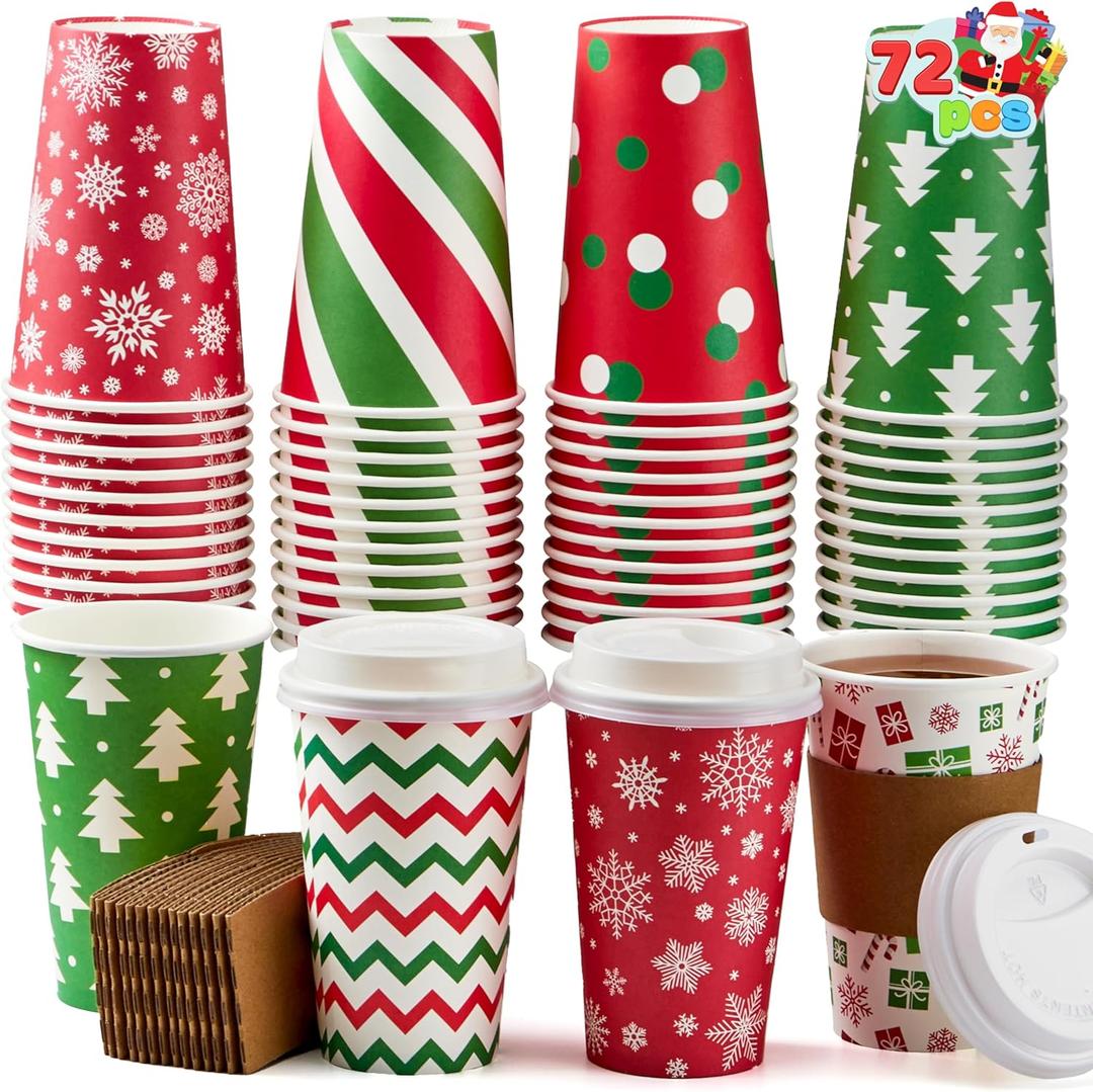 JOYIN 72 PCS Christmas Disposable Party Paper Cups, 16 oz Merry Christmas Coffee Cups With Sleeves and Lids, 6 Designs Xmas Tea Drinkware, Beverages Tableware Holiday Supplies Favors